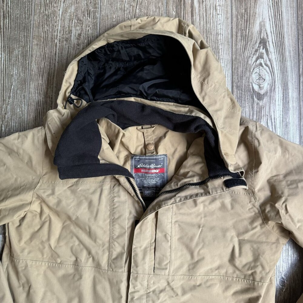 Eddie Bauer Mens WeatherEdge Protection Tan Hooded Rain Jacket Size M - Picture 3 of 6